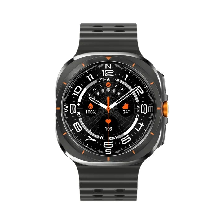 Ellora Tech Samsung Smart Watch Ultra Black Edition showing a sleek digital display and fitness tracking features.