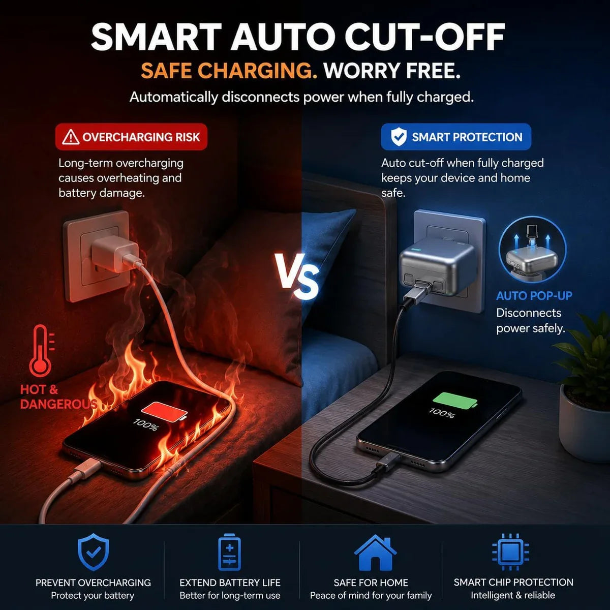 ELLORA TECH Smart Power Auto Disconnect 140W Type-C charging cut-off protector showing the compact auto ejector charger in use