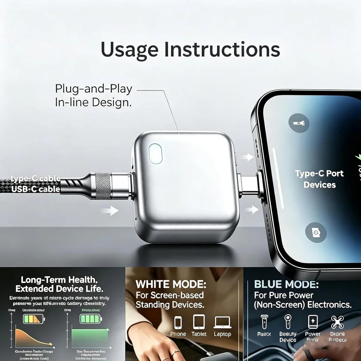 ELLORA TECH Smart Power Auto Disconnect 140W Type-C Charger Cut-Off Protector showing the compact auto ejector device for safe charging.