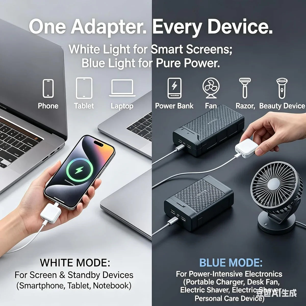 ELLORA TECH Smart Power Auto Disconnect 140W Type-C charger cut-off protector showing device connection and LED indicator.