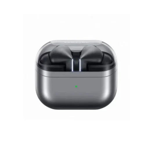 Samsung Galaxy Buds 3 Pro wireless earbuds by ELLORA TECH, shown in black with charging case and ear tips.