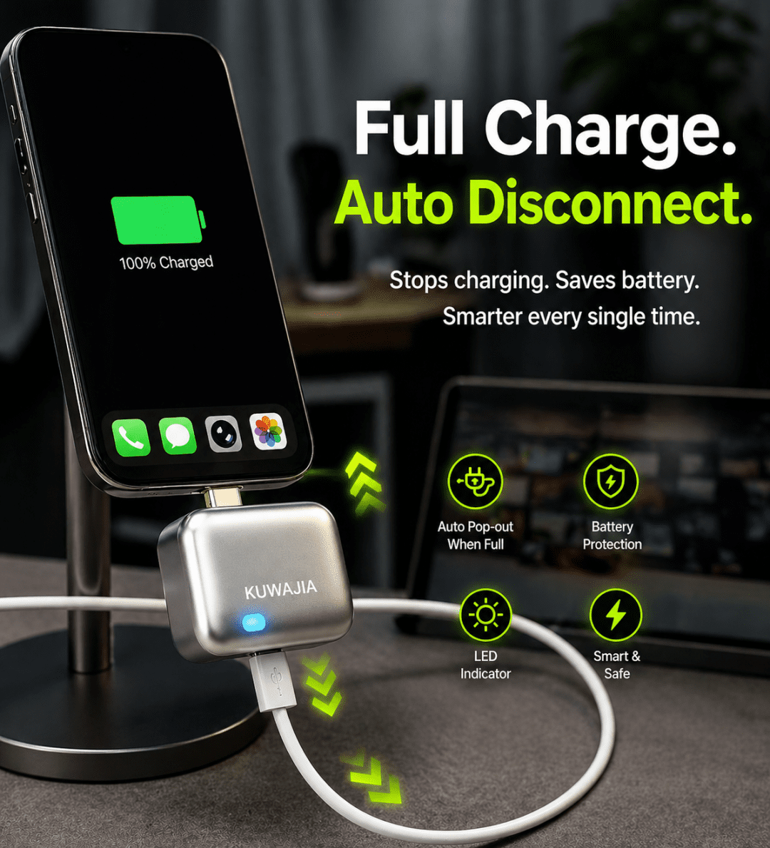 ELLORA TECH Smart Power Auto Disconnect charger with 140W Type-C cut-off protector, featuring automatic ejection for safe charging.