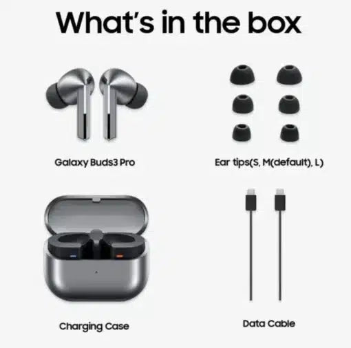 Ellora Tech Samsung Galaxy Buds 3 Pro wireless earbuds with sleek design and charging case on a white background.