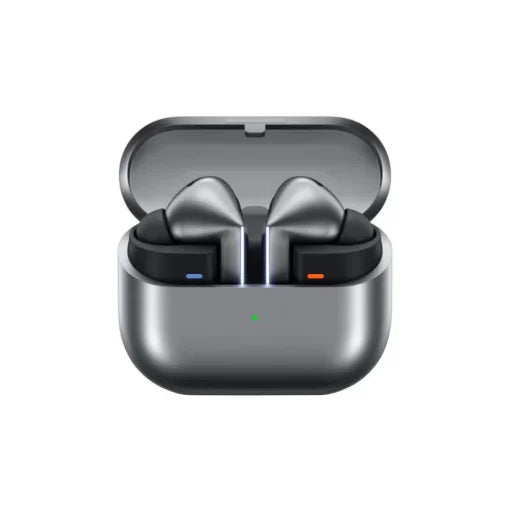 Ellora Tech Samsung Galaxy Buds 3 Pro wireless earbuds in sleek black charging case, close-up view of earbuds inside case.