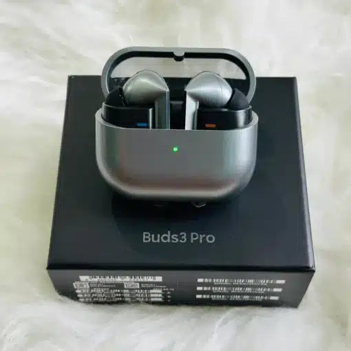 Ellora Tech Samsung Galaxy Buds 3 Pro wireless earbuds in charging case, black color, with a sleek modern design.
