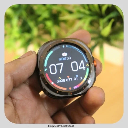 Samsung Smart Watch Ultra in black by ELLORA TECH, showing the sleek smartwatch with a digital display and fitness tracking features.