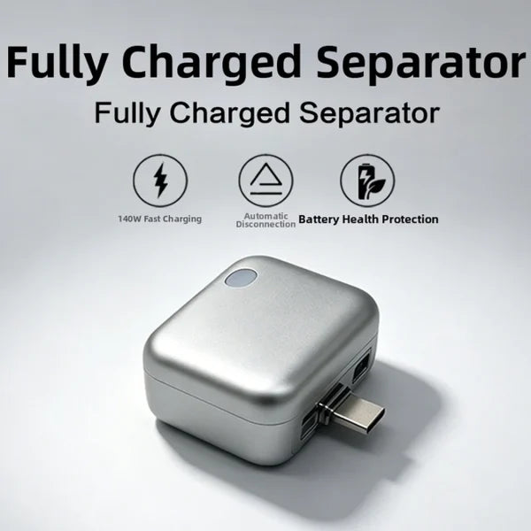 ELLORA TECH Smart Power Auto Disconnect charger with 140W Type-C cut-off protector and auto eject feature, shown in a close-up image.