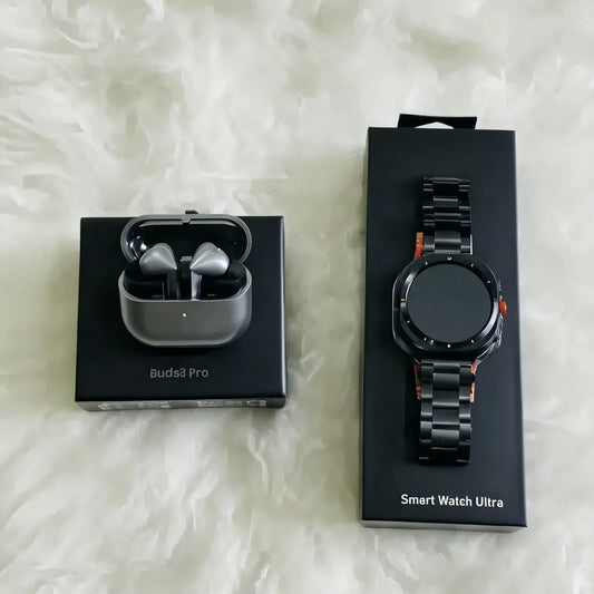 Open Samsung Smart Watch Ultra and Samsung Galaxy Buds 3 Pro earbuds from ELLORA TECH, with the watch face visible on the screen.