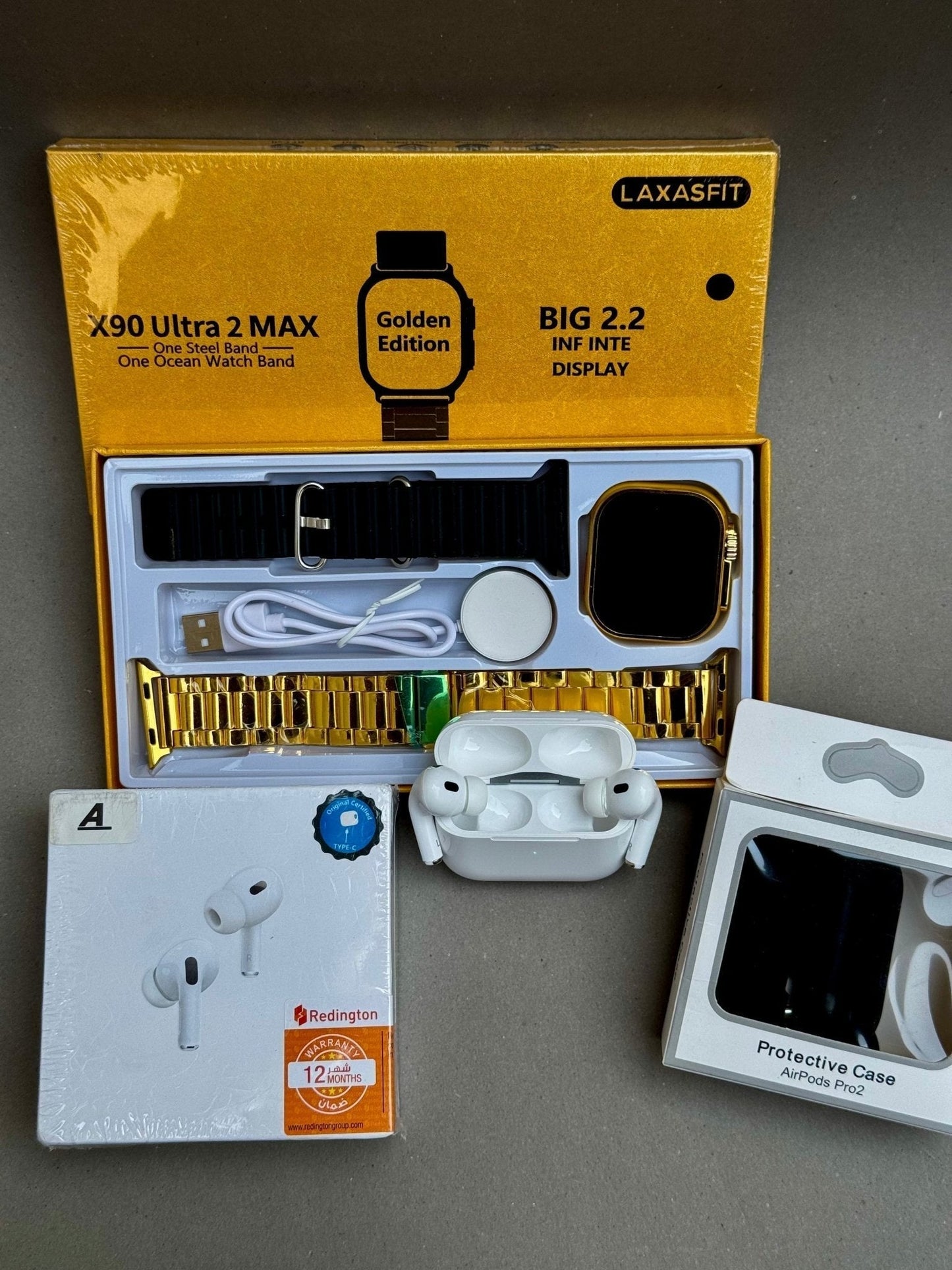 X90 Ultra 2 Golden Watch + Airpods Pro 2 [ANC + Buzzer Active!] - My Store
